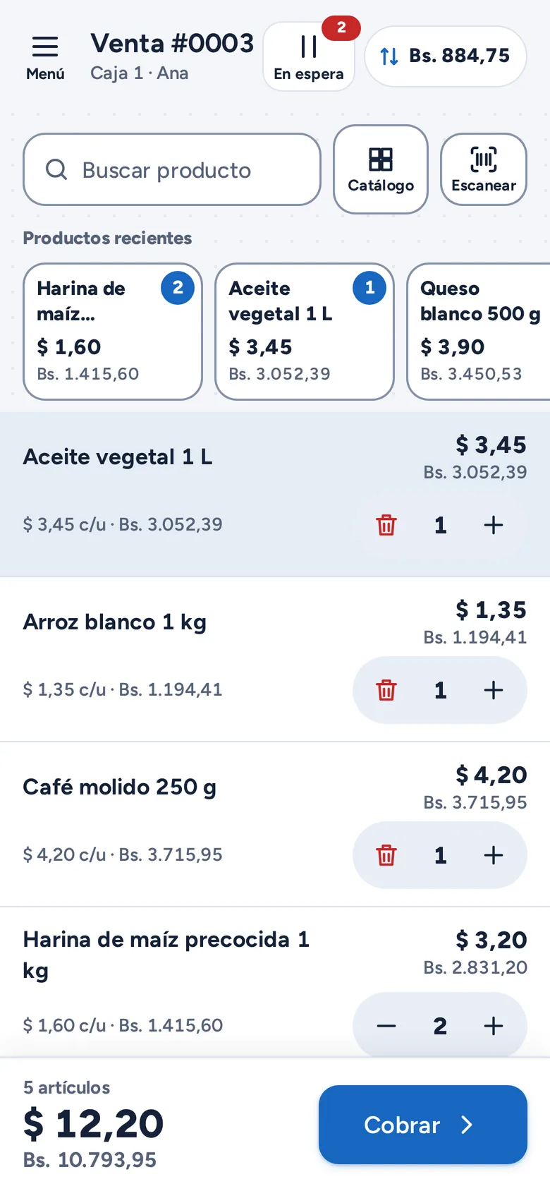 CóbrateApp: pantalla Vender con cuatro productos y el total en dólares y bolívares